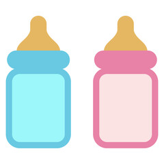 Anuncio de llegada de bebé. Silueta aislada de biberones color rosa y azul para su uso en invitaciones y tarjetas