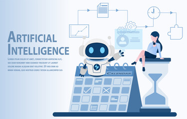 AI robots are used to show work schedules and human contact. Its purpose is to make work easier and more efficient. For quick access to important information, reducing time. Vector illustration.