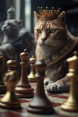 The Royal Cat King chess pieces on a chess board, winner of bussiness and successfully, management or leadership strategy and teamwork concept., design created with Generative Ai - 578066352