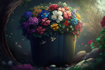 Colourful flowers in a trash bin (generative AI)