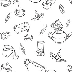  Brewing Chinese tea seamless pattern. Doodle teapots, Hand drawn green tea ceremony vector pattern