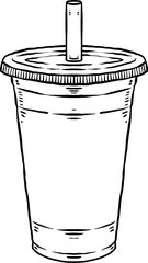 drink plastic with straw Line art illustration for gift card certificate banner sticker, badge sign, stamp, logo, icon label.