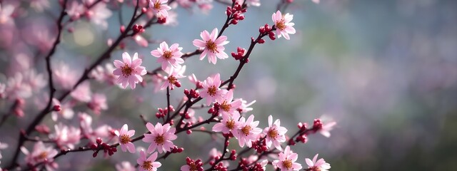 Obraz premium spring pink flowers on tree branches, blossom banner size wallpaper, bokeh blurry background, Generative AI