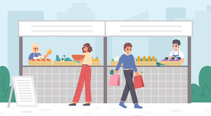 Street market fresh fruits and vegetables. City counters with organic food, happy customers buy vegan ingredients. Seasonal harvest vector scene