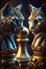The Royal Cat King chess pieces on a chess board, winner of bussiness and successfully, management or leadership strategy and teamwork concept., design created with Generative Ai