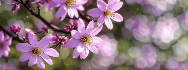 Fototapeta premium spring pink flowers on tree branches, blossom banner size wallpaper, bokeh blurry background, Generative AI