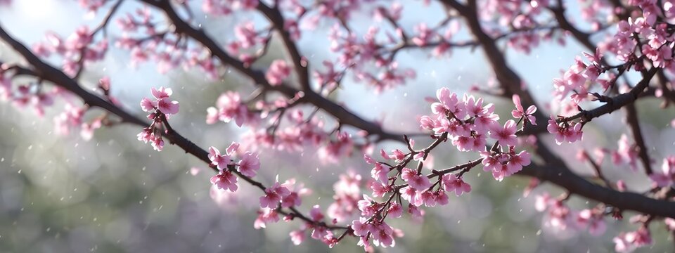 spring pink flowers on tree branches, blossom banner size wallpaper, bokeh blurry background, Generative AI