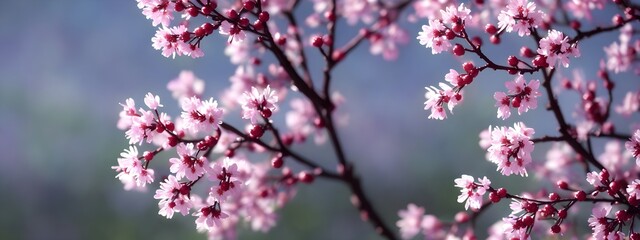 spring pink flowers on tree branches, blossom banner size wallpaper, bokeh blurry background, Generative AI