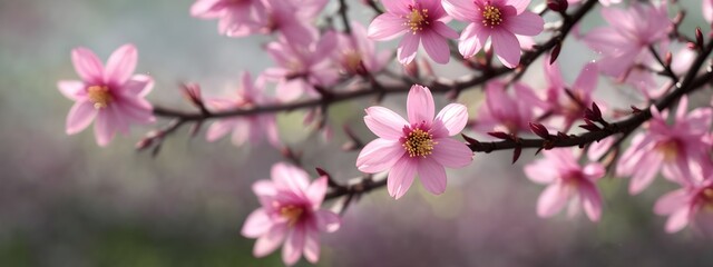 Obraz premium spring pink flowers on tree branches, blossom banner size wallpaper, bokeh blurry background, Generative AI