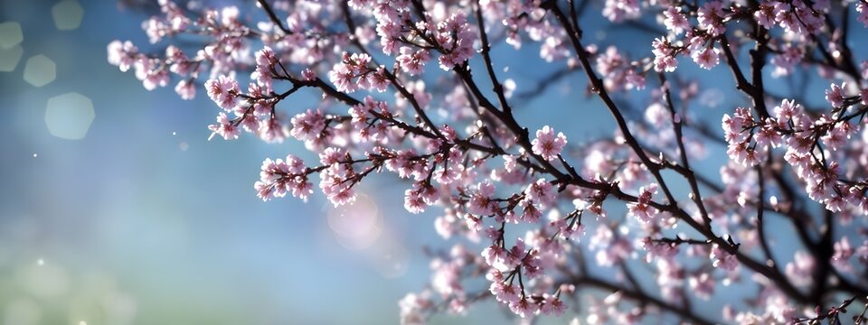 spring pink flowers on tree branches, blossom banner size wallpaper, bokeh blurry background, Generative AI