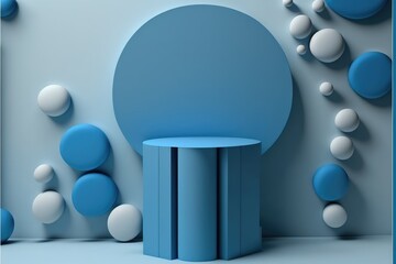 3d rendering of minimal geometric forms. Blue podium for product presentation. Minimal scene with blue and white cylinders.