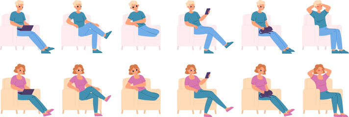 Boy and girl sitting in chair various poses. Teenagers dream, sleep and rest, using smartphone or working laptop. People relax at home snugly vector set