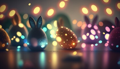 Easter Eggs with bokeh lights background. Generative AI