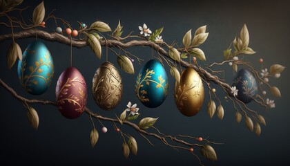 Vintage painted easter eggs hanging from branch on dark background. Generative AI