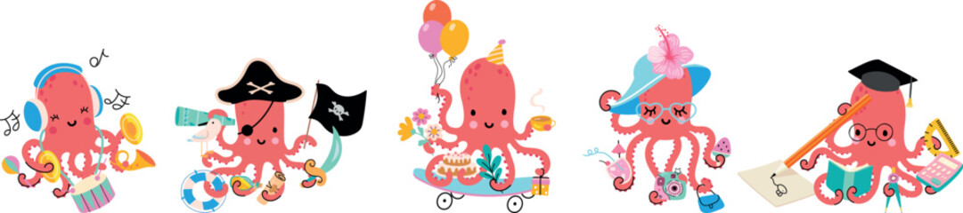 Cartoon octopus, multitasking cartoon squid. Octopus painter, pirate and musician. Cute sea animal birthday party and shopping, nowaday vector characters
