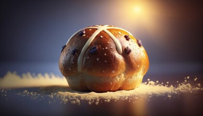 A close-up of a single hot cross bun. Generative AI