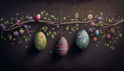 Painted Easter eggs hanging from branch. Generative AI