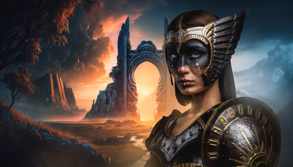 Naklejka premium Portrait of female warrior from north with makeup dressed in dark armor.