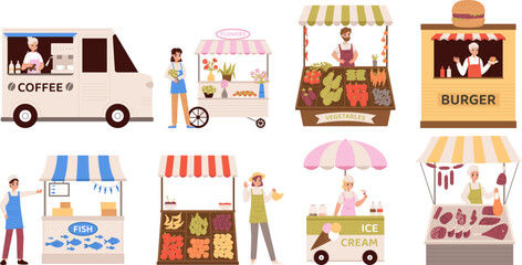 Fresh food market vendors. Local products seller, fish and fresh fruits and vegetables. Flowers and coffee, burger stall. Cartoon sellers snugly vector set