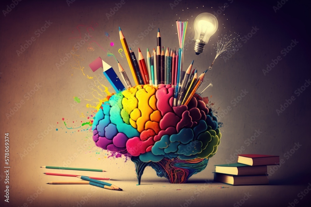 Wall mural Collage of book and brain representing science and knowledge. Generative AI