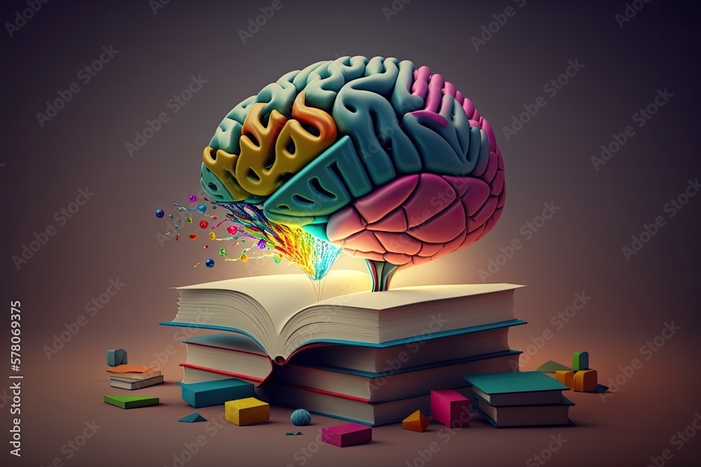 Wall mural collage of book and brain representing science and knowledge. generative ai