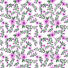Floral hand drawn watercolor seamless endless pattern with lots of beautiful pink colored flowers with green leaves and buds as aquarelle element for print fabric, cards, textile.Isolated