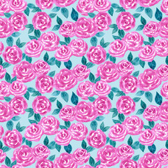 Hand drawn watercolor flowers summer seamless pattern. A lot of aquarelle pink roses and green leaves on black background as web design element for print wrapping paper, fabric, cards