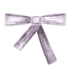 Watercolor hand drawn dark grey violet colored ribbon bow with curves. Isolated on white background as aquarelle design element for cards, invitations and wrapping paper.