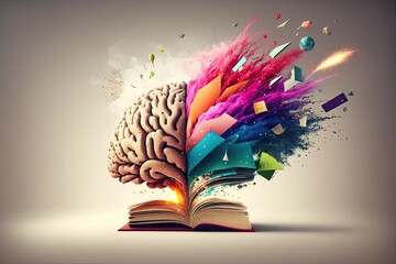 Collage of book and brain representing science and knowledge. Generative AI