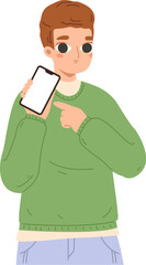 Man showing screen cellphone. Smart person point on phone. Cartoon boy holding smartphone, marketing, information, payment snugly vector characters