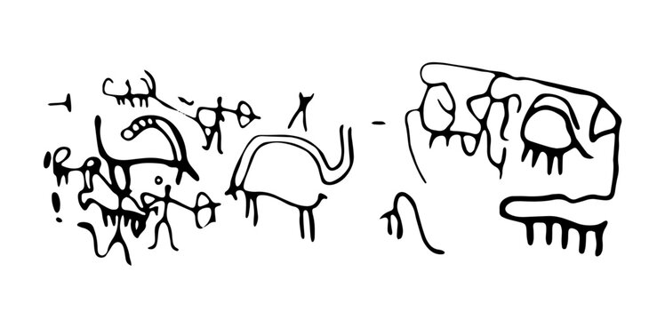 Vector illustration of rock paintings depicting people hunting for wild artiodactyls. Prehistoric rock petroglyphs discovered in Armenia