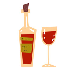 Wine bottle doodle drawing glass icon isolated concept. Vector cartoon graphic design element illustration 