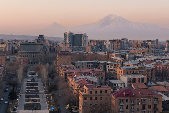 City panorama from Cascade architectural complex with mount Ararat at sunrise, Yerevan, Armenia