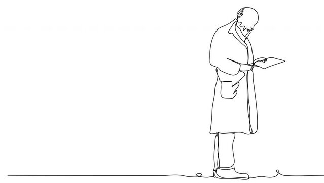 Self-drawing The doctor reads the patient's card with one line on a white background. Animation of doctoral expert analysis. Stock footage of healthcare in 4k with alpha channel.
