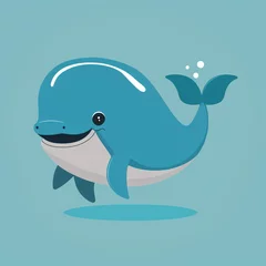 Badezimmer Foto Rückwand Flat cartoon style, illustration, vector, icon, simple, mascot design for cute dolphins, Generative AI © exbluera