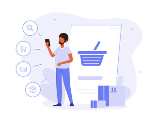 Shopping illustration concept. Man adds items to the cart. Mobile or web version online store. Shopping creative flat vector.