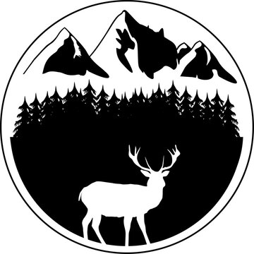 Landschaft mit Bergen, Wald und Hirsch Silhouetten
