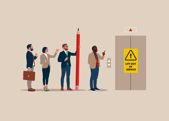 Business people are waiting to the elevator. But the elevator is out of service. Modern vector illustration in flat style © Vadym