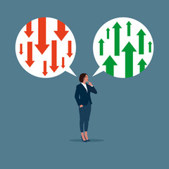 Businessman thinking about business arrow positive and negative.  Modern vector illustration in flat style