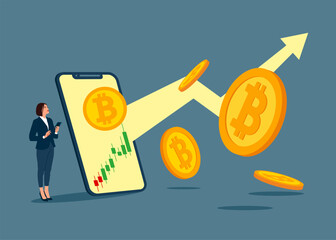 Crypto coin with growth graph. International stock exchange. Bitcoin uptrend. Modern vector illustration in flat style