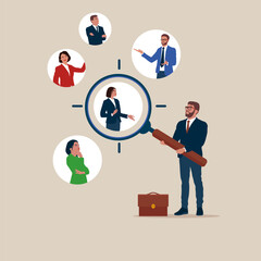 Businessman with magnifying glass focus on customer, users or people. Marketing strategy. Modern vector illustration in flat style
