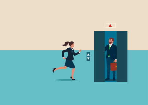 Businesswoman running to elevator and elevator is closing. Modern vector illustration in flat style