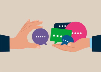 Businessman hand giving feedback speech bubble. Communication or discussion, employee survey or customer suggestion. Flat vector illustration