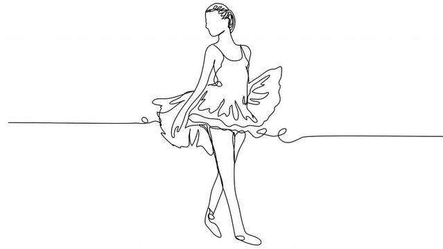 Self-drawing a slender ballerina in one line on a white background. Animation of a minimalist dancer in a tutu. Stock 4k video of dancing with alpha channel.