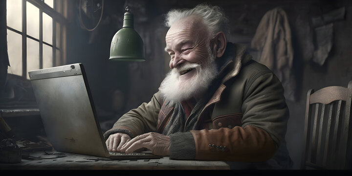 A grandfather with a gray beard is having fun and working on a laptop. A cheerful grandfather is working on a laptop. A grandfather is learning technology. Created with Generative AI