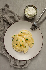 Pierogi, a traditional dish of Polish cuisine, dumplings, top view, close-up, no people,