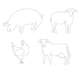 Household animals one line vector. Pets linear. Pig and chicken line art.