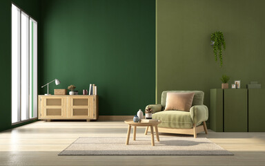 Green living room interior with armchair and green wall background.3d rendering