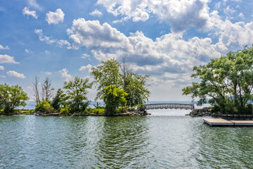The LaSalle Marina foot bridge of Burlington, Ontario in summer.