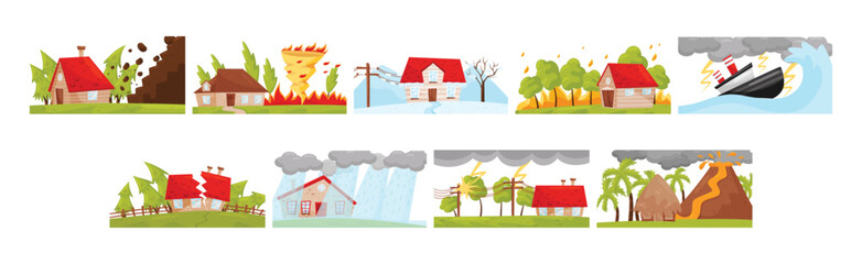 Natural Disaster and Catastrophe with House Damage Vector Set